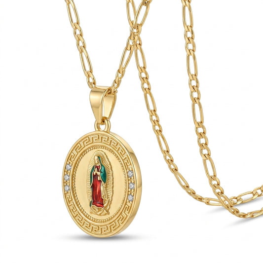 Gold Guadalupe Round Medallion Pendant Necklace — Three-quarter angle view