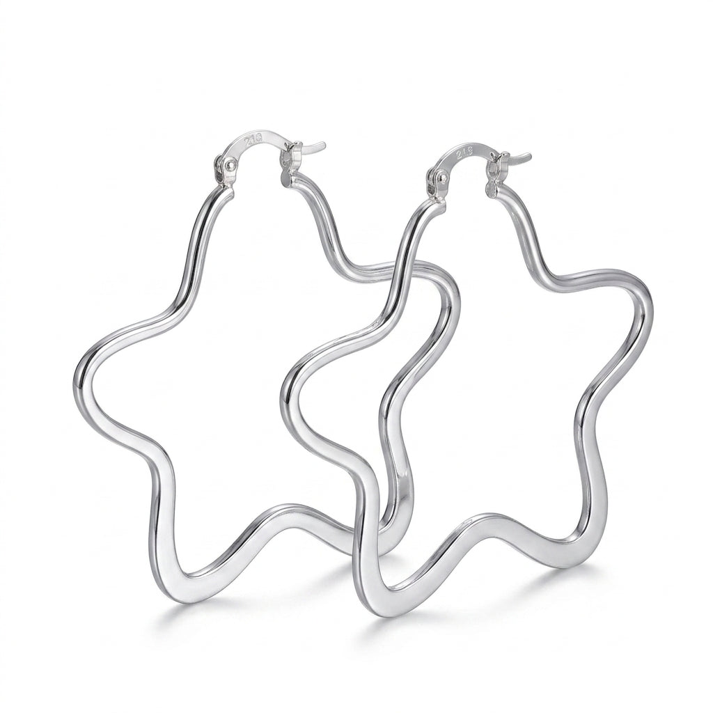 Silver Wavy Star Hoop Earrings — Three-quarter angle view