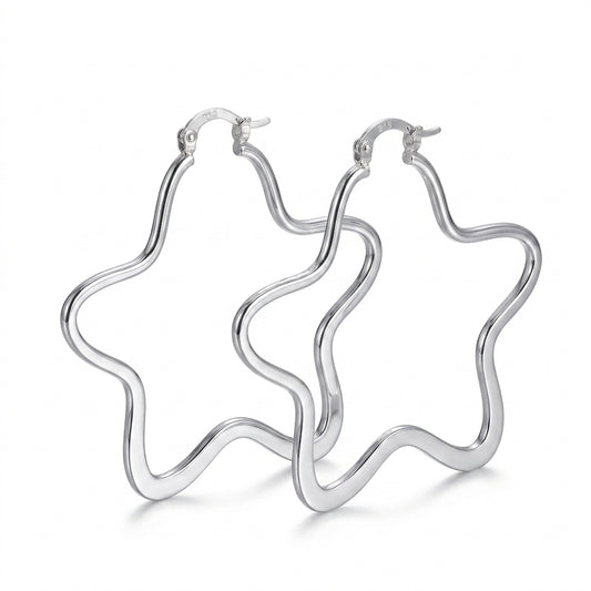 Silver Wavy Star Hoop Earrings — Three-quarter angle view