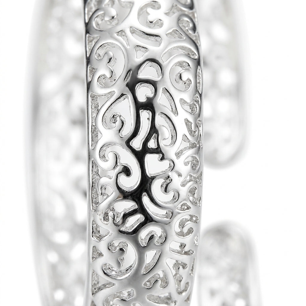 Silver Filigree Scrollwork Open Cuff Bangle — Close-up detail
