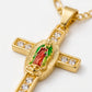 Gold Guadalupe Cross Pendant Necklace with Green Enamel — Close-up detail