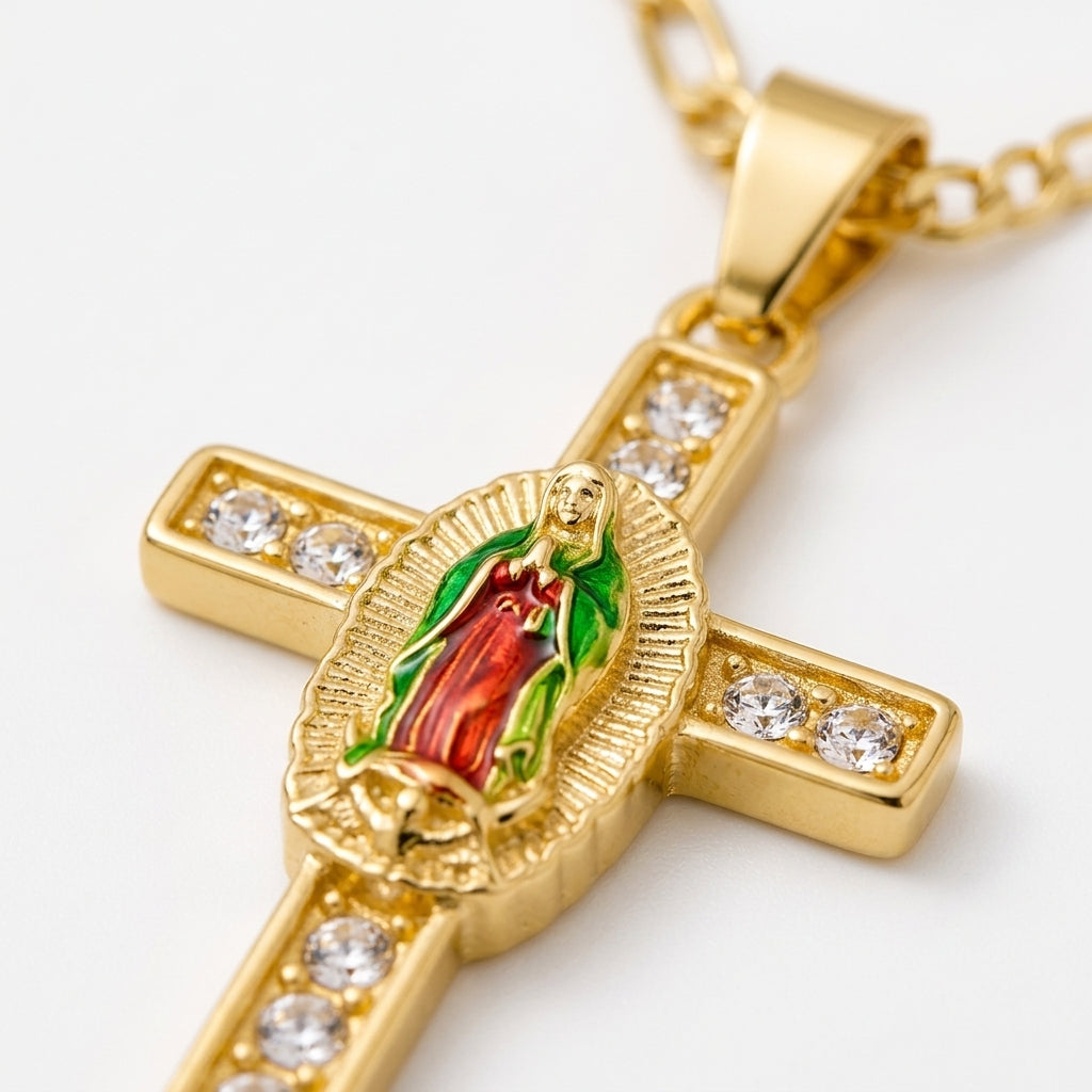 Gold Guadalupe Cross Pendant Necklace with Green Enamel — Close-up detail