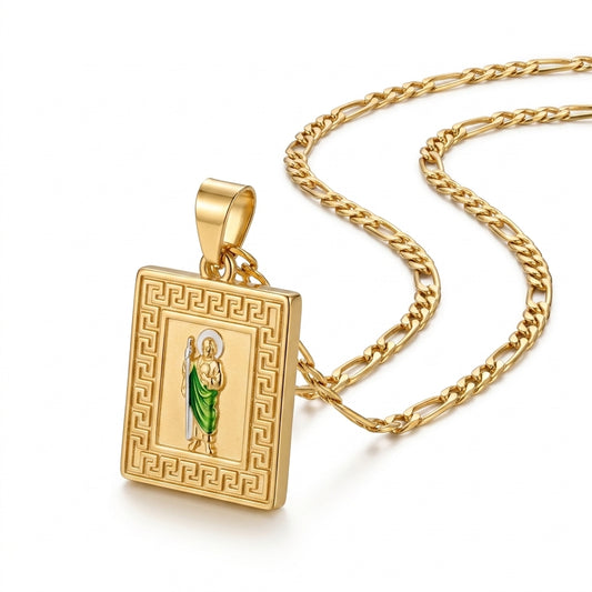 Gold San Judas Square Greek Key Pendant Necklace — Three-quarter angle view