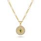 Gold Guadalupe Round Pendant Necklace with Rhinestone Sunburst — Front view