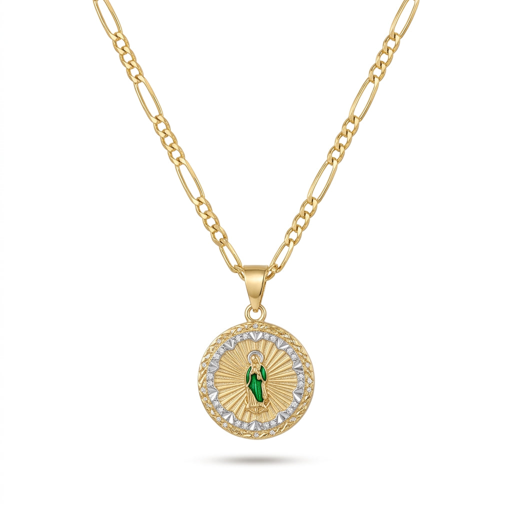 Gold Guadalupe Round Pendant Necklace with Rhinestone Sunburst — Front view