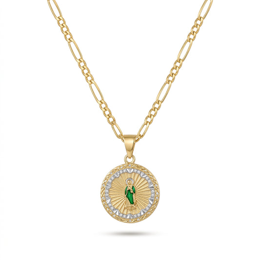 Gold Guadalupe Round Pendant Necklace with Rhinestone Sunburst — Front view