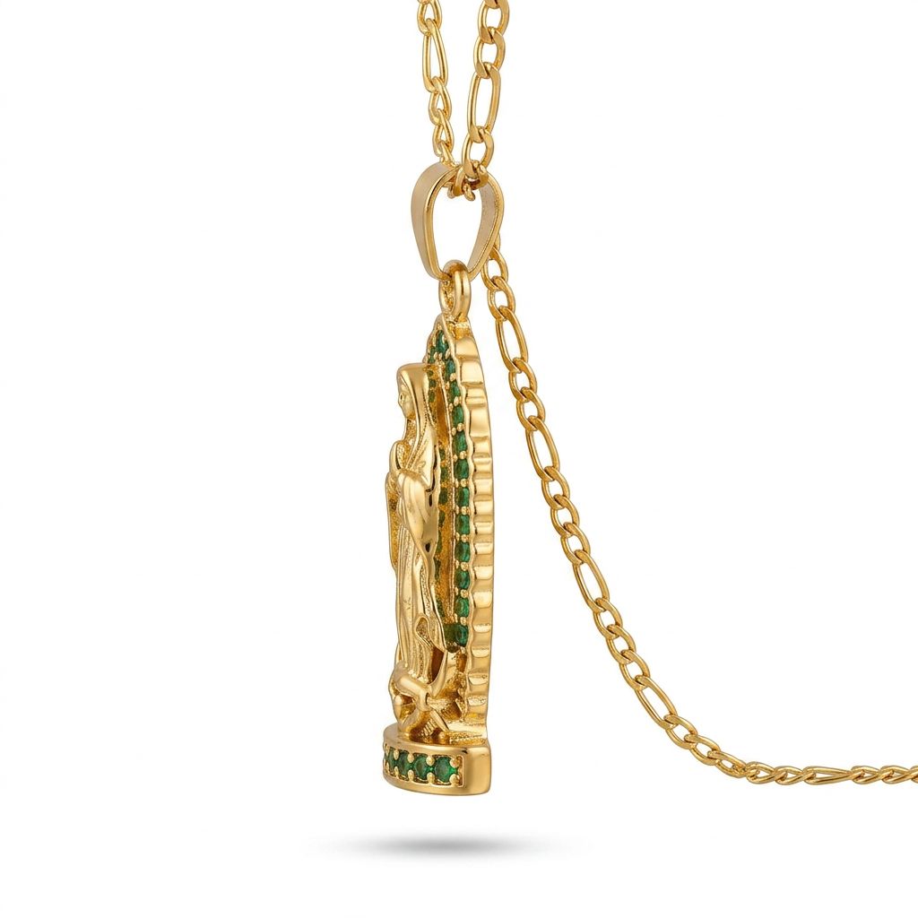 Gold Virgin of Guadalupe Pendant Necklace with Figaro Chain — Alternate angle view