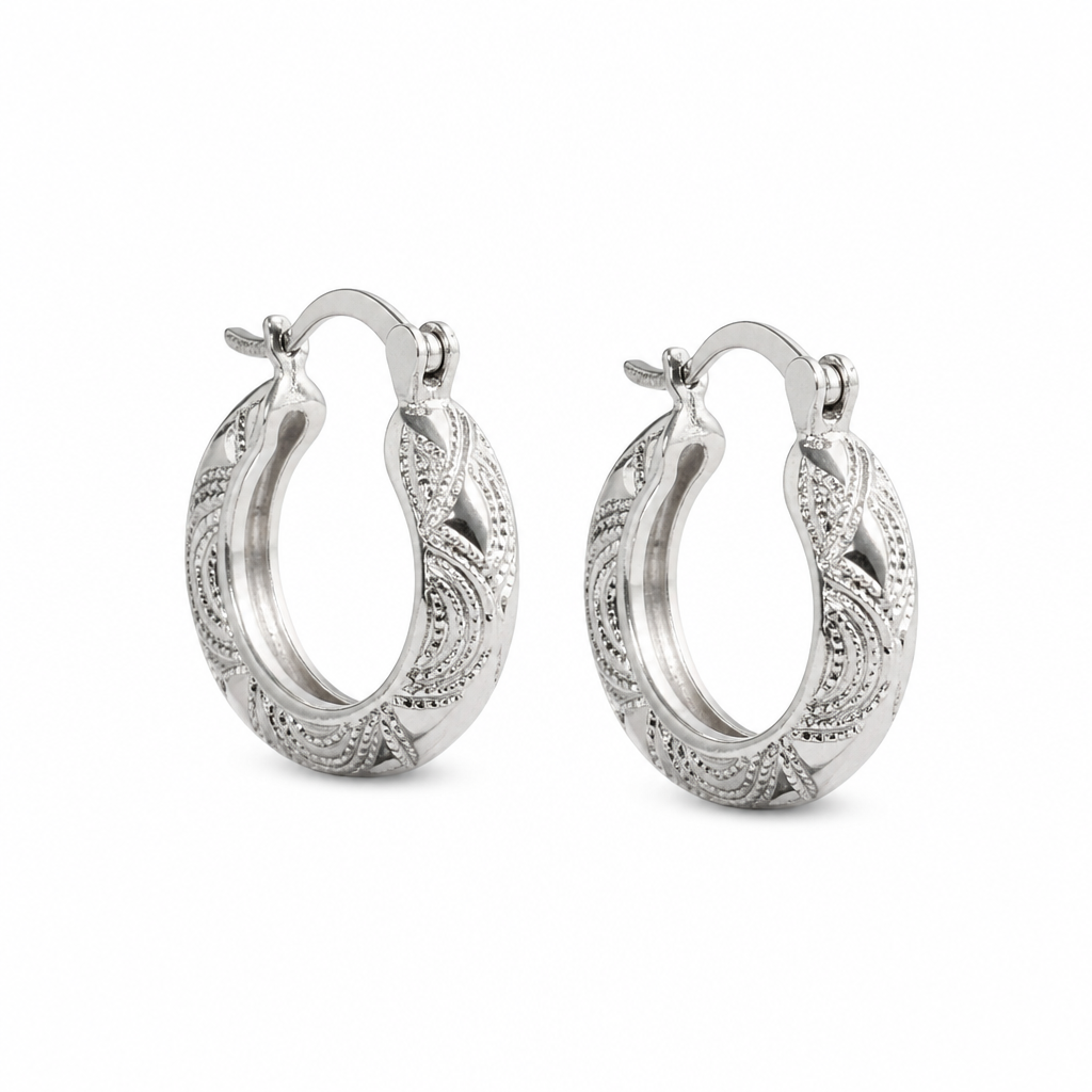 Silver Tribal Engraved Medium Hoop Earrings — Alternate angle view