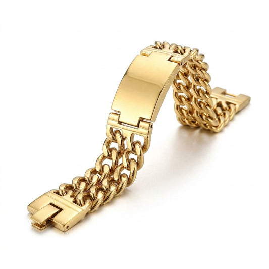 Gold Double Cuban Link ID Bracelet — Three-quarter angle view