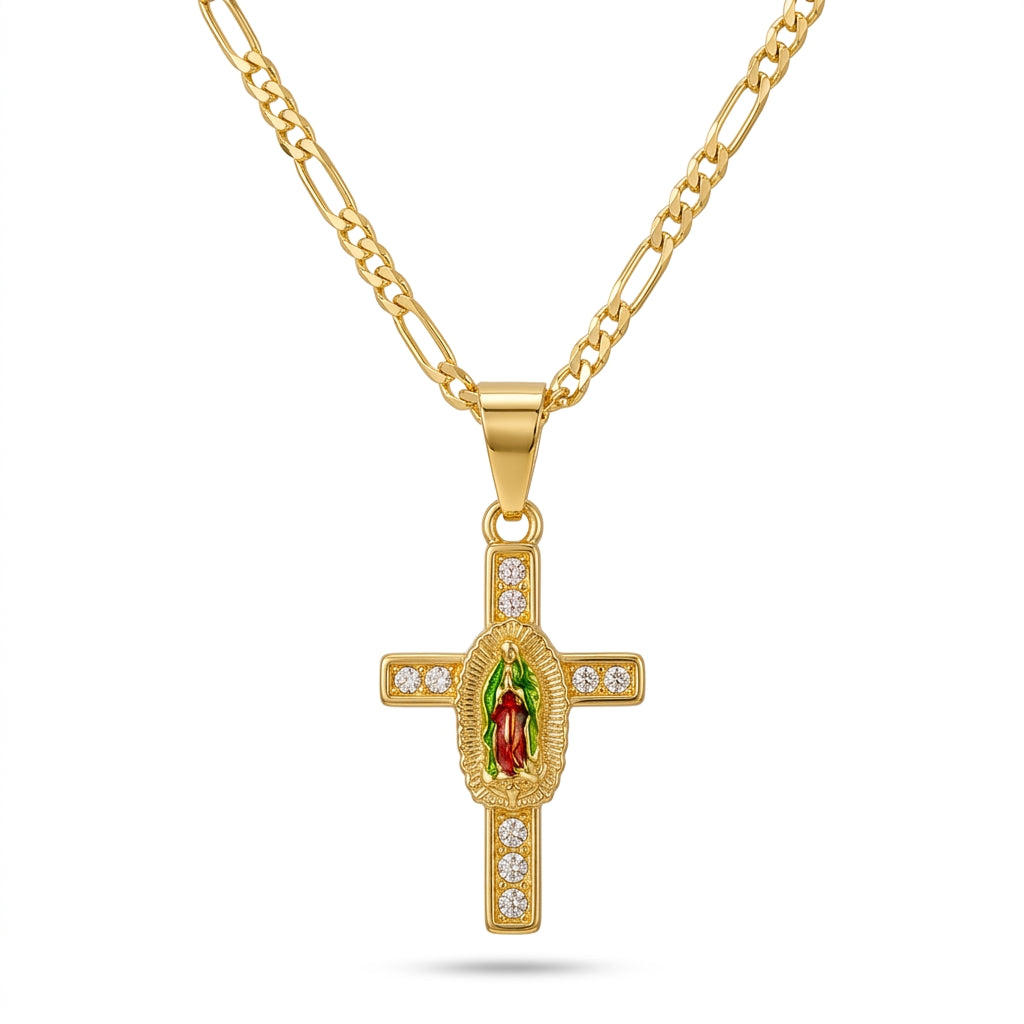 Gold Guadalupe Cross Pendant Necklace with Green Enamel — Front view