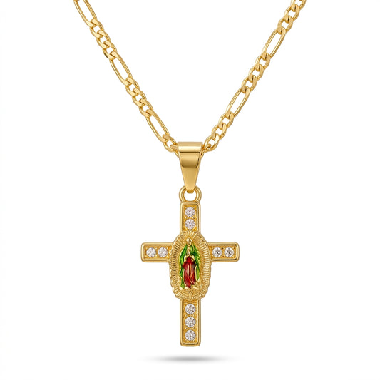 Gold Guadalupe Cross Pendant Necklace with Green Enamel — Front view
