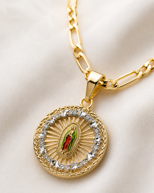 Virgencita Medal Necklace 14K Gold Plated With Figaro 4, 5MM in 22 in Inches