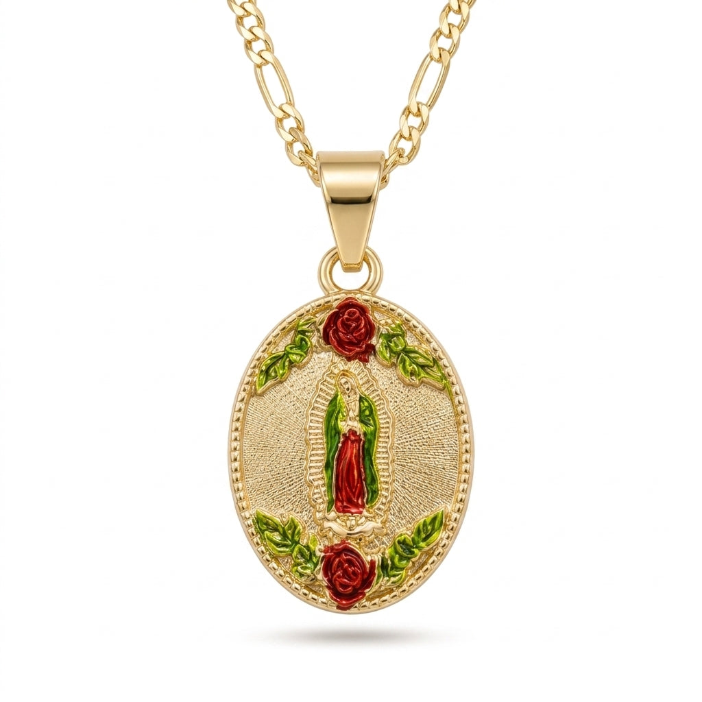 Gold Guadalupe Oval Pendant Necklace with Roses — Front view