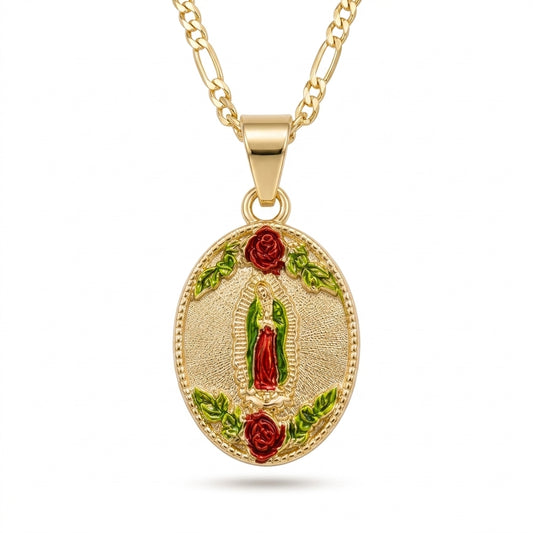 Gold Guadalupe Oval Pendant Necklace with Roses — Front view