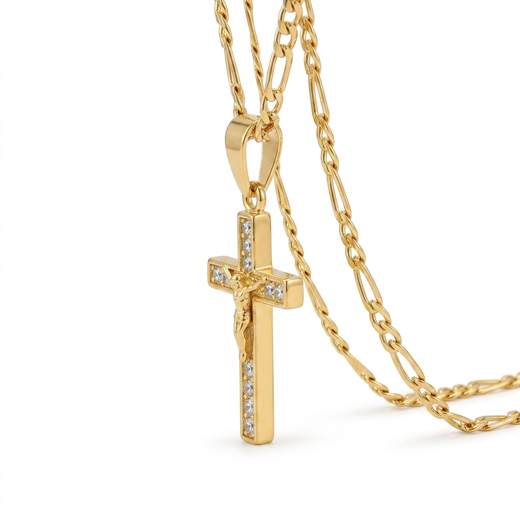 Gold Rhinestone Cross Pendant Necklace — Alternate angle view
