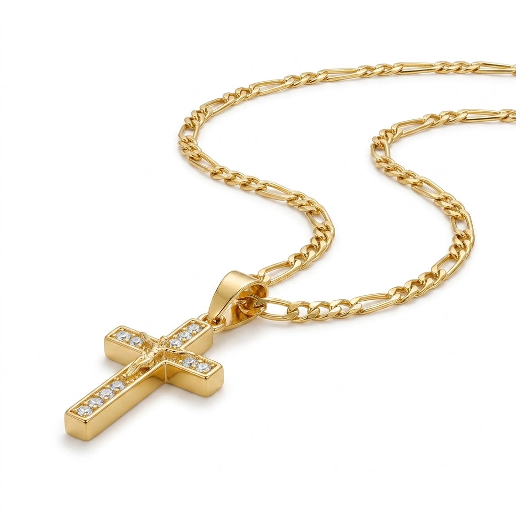 Gold Rhinestone Cross Pendant Necklace — Three-quarter angle view