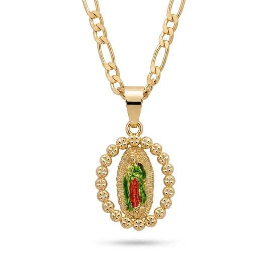 Gold Guadalupe Beaded Oval Pendant Necklace — Front view