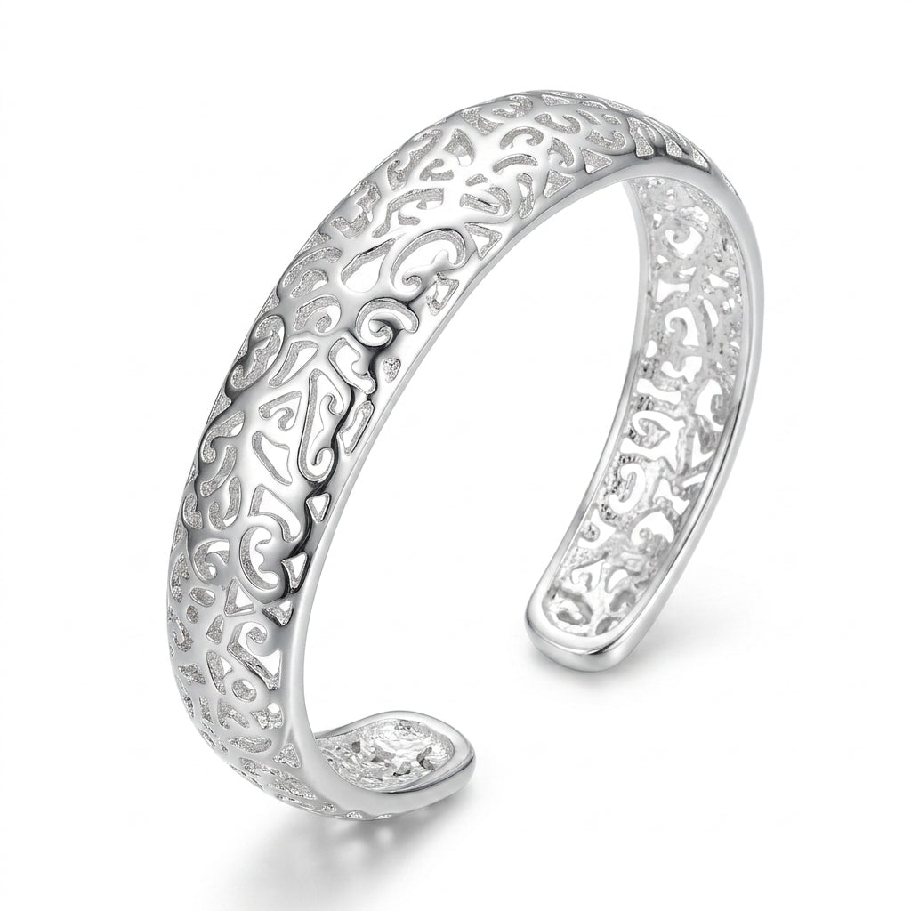 Silver Filigree Scrollwork Open Cuff Bangle — Three-quarter angle view