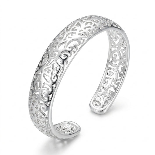 Silver Filigree Scrollwork Open Cuff Bangle — Three-quarter angle view