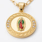 Gold Guadalupe Round Medallion Pendant Necklace — Close-up detail
