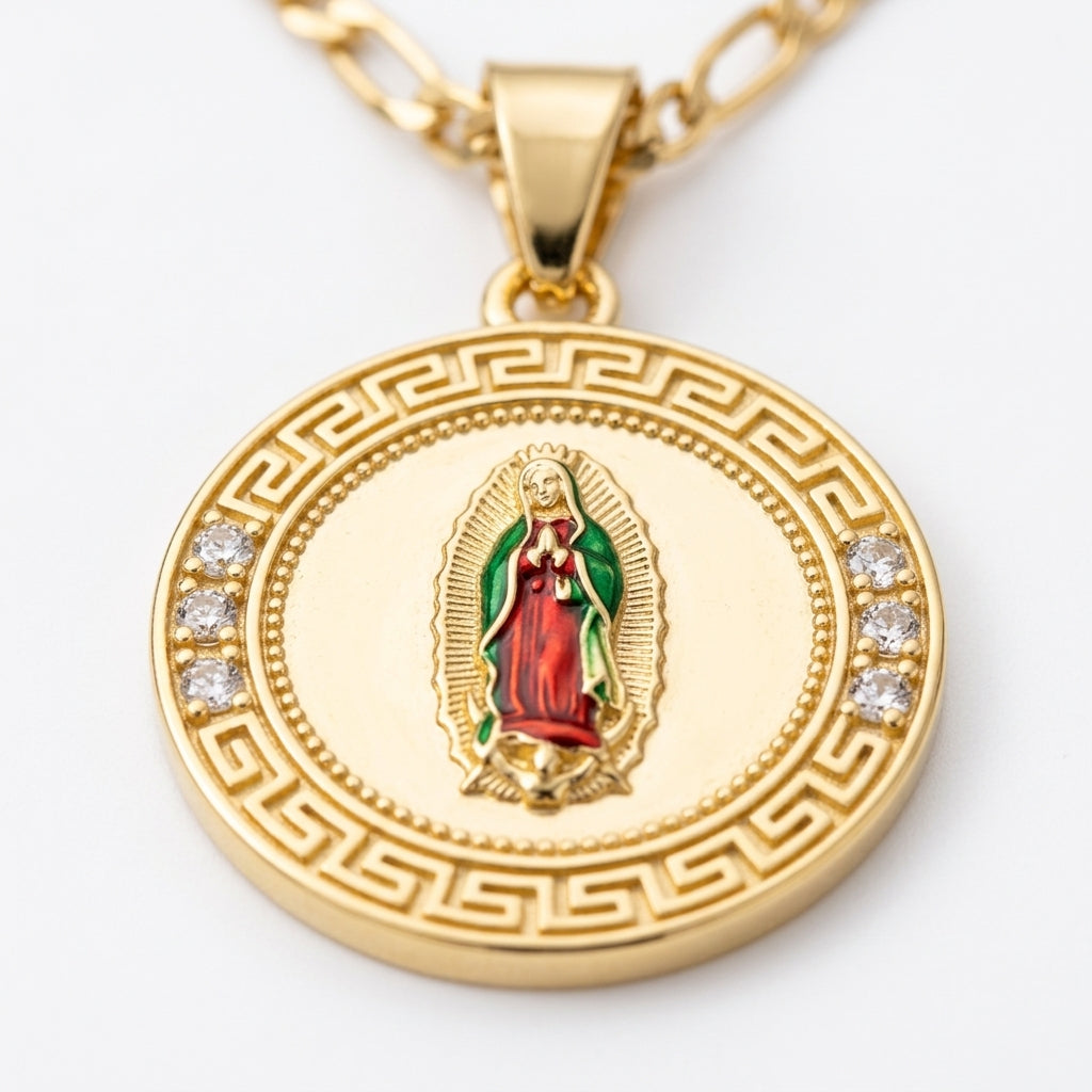 Gold Guadalupe Round Medallion Pendant Necklace — Close-up detail