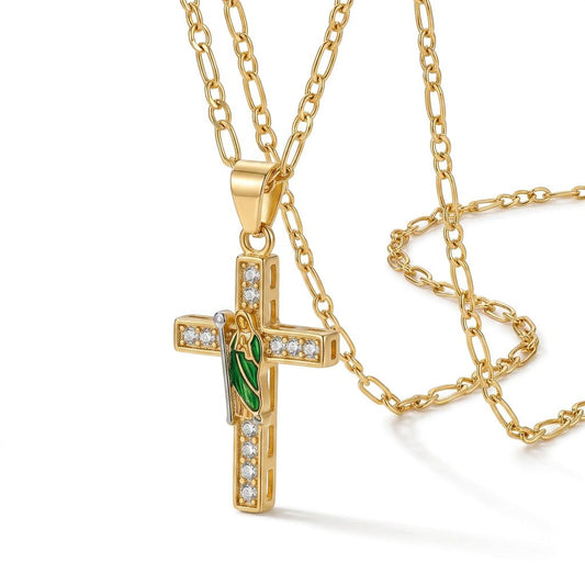 Gold Cross Pendant Necklace with Guadalupe and Rhinestones — Three-quarter angle view