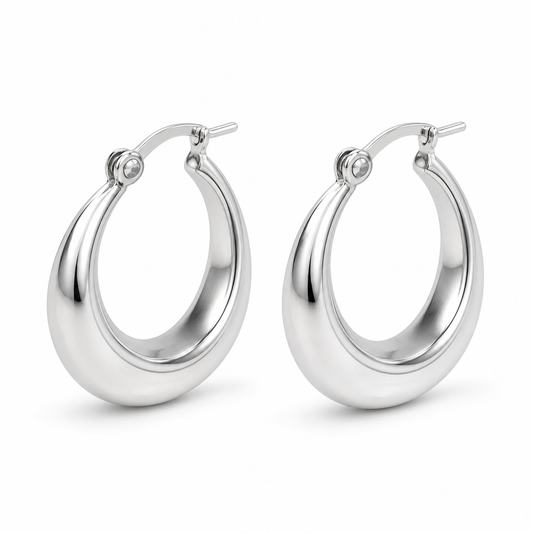 Silver Plain Chunky Hoop Earrings — Three-quarter angle view