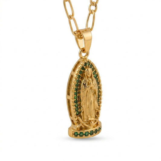 Gold Virgin of Guadalupe Pendant Necklace with Figaro Chain — Three-quarter angle view