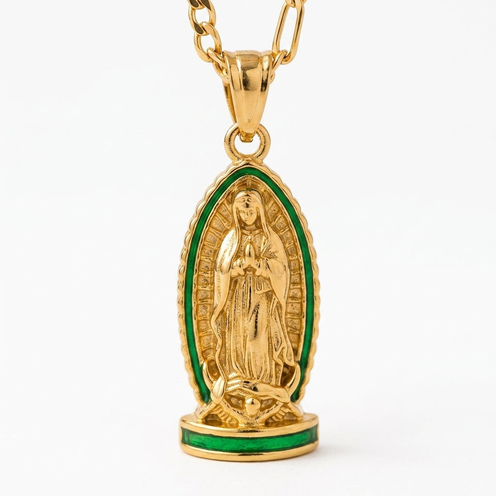 Gold Virgin of Guadalupe Pendant Necklace with Figaro Chain — Close-up detail
