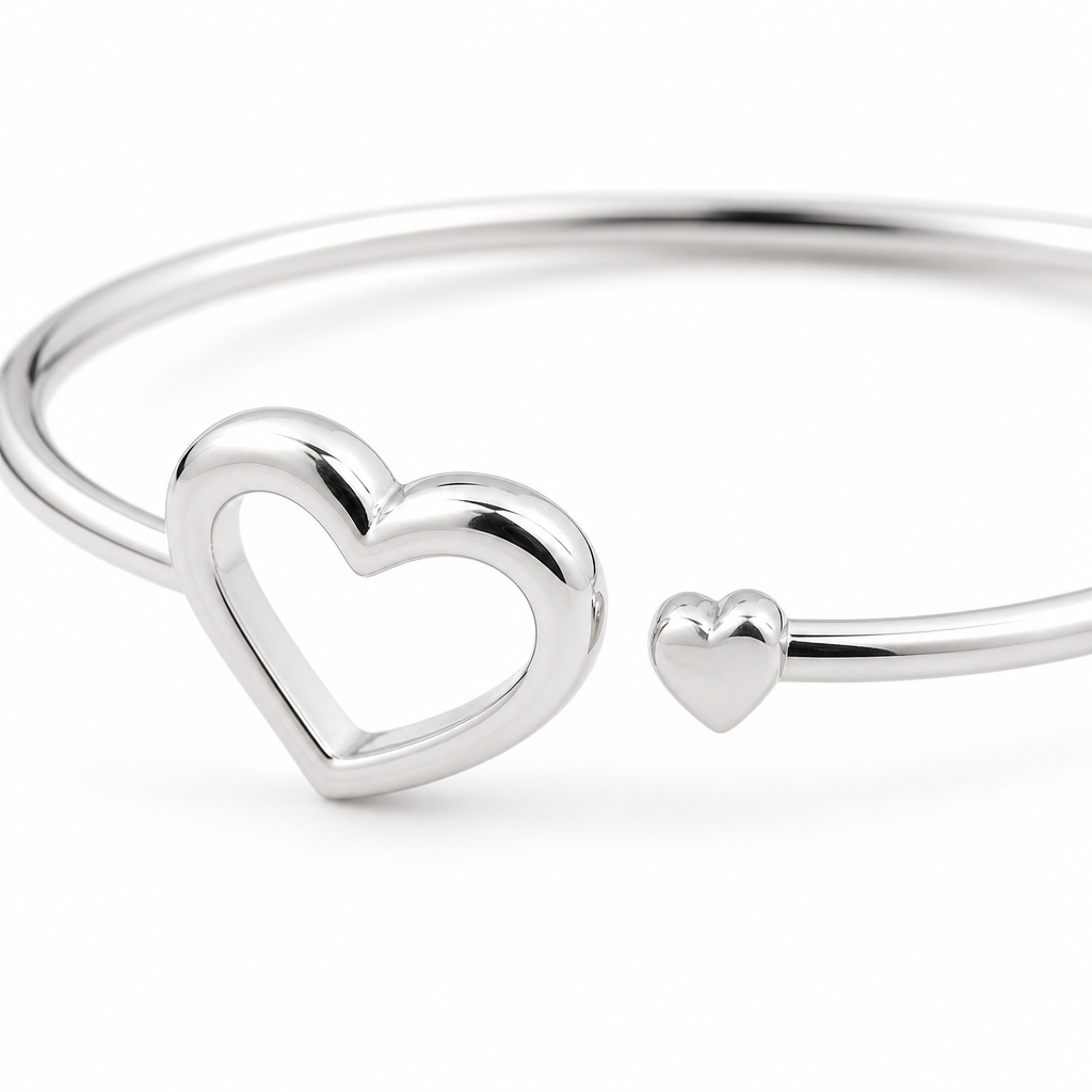 Silver Heart Clasp Minimalist Bangle — Close-up detail