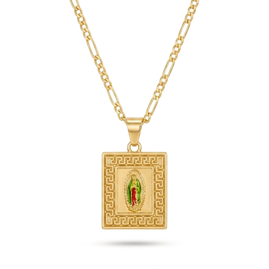 Gold Guadalupe Square Greek Key Pendant Necklace — Front view