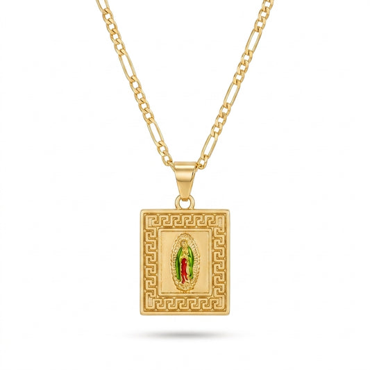 Gold Guadalupe Square Greek Key Pendant Necklace — Front view
