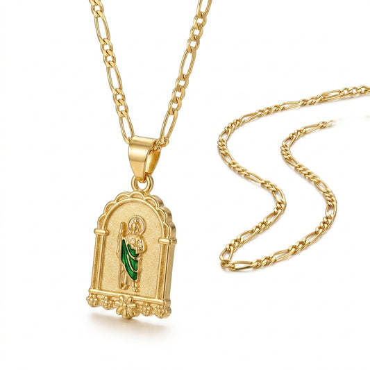 Gold San Judas Arch Pendant Necklace — Three-quarter angle view