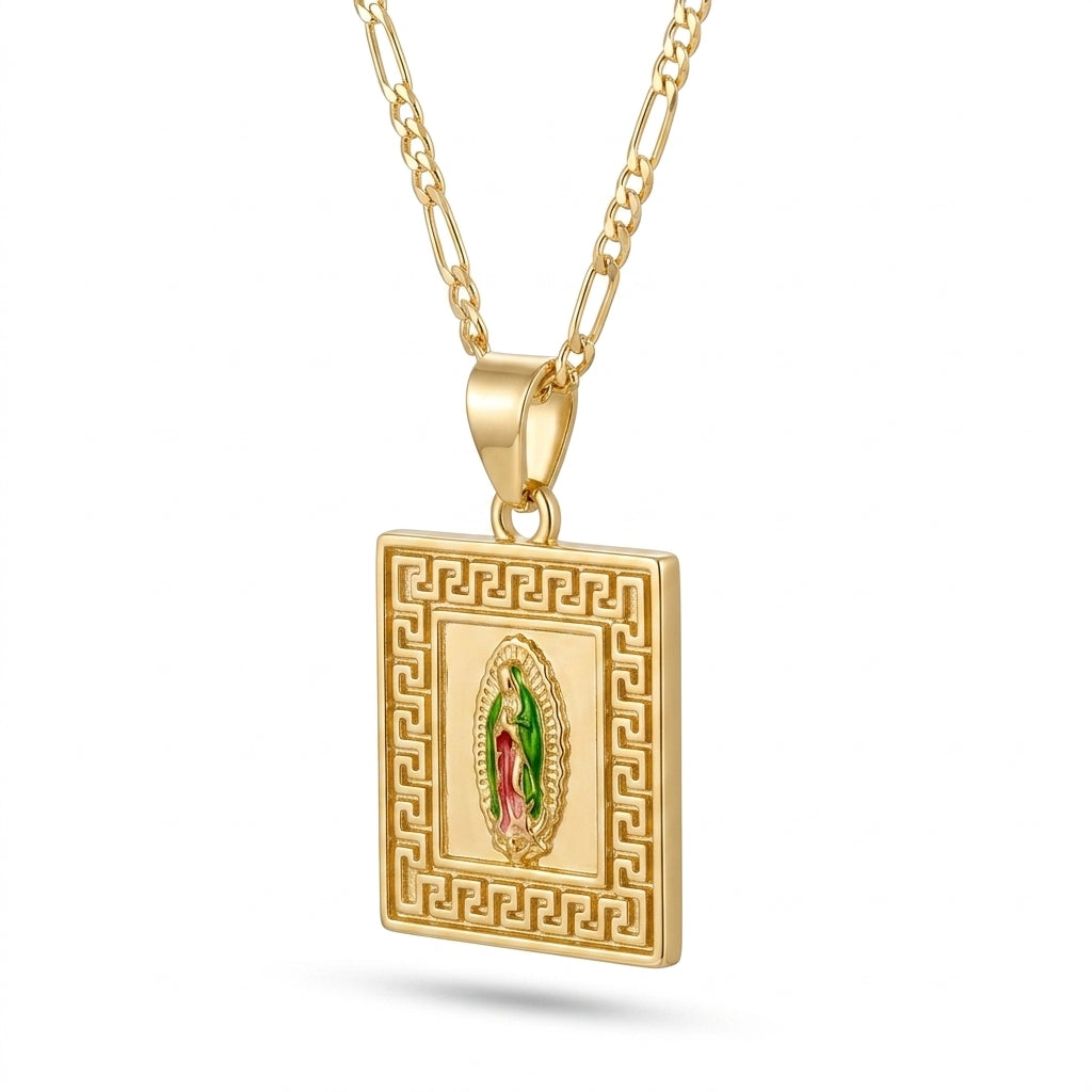 Gold Guadalupe Square Greek Key Pendant Necklace — Three-quarter angle view