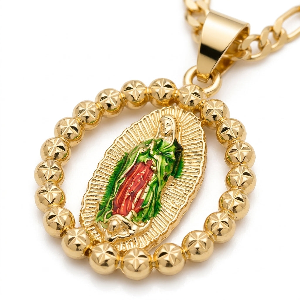 Gold Guadalupe Beaded Oval Pendant Necklace — Close-up detail