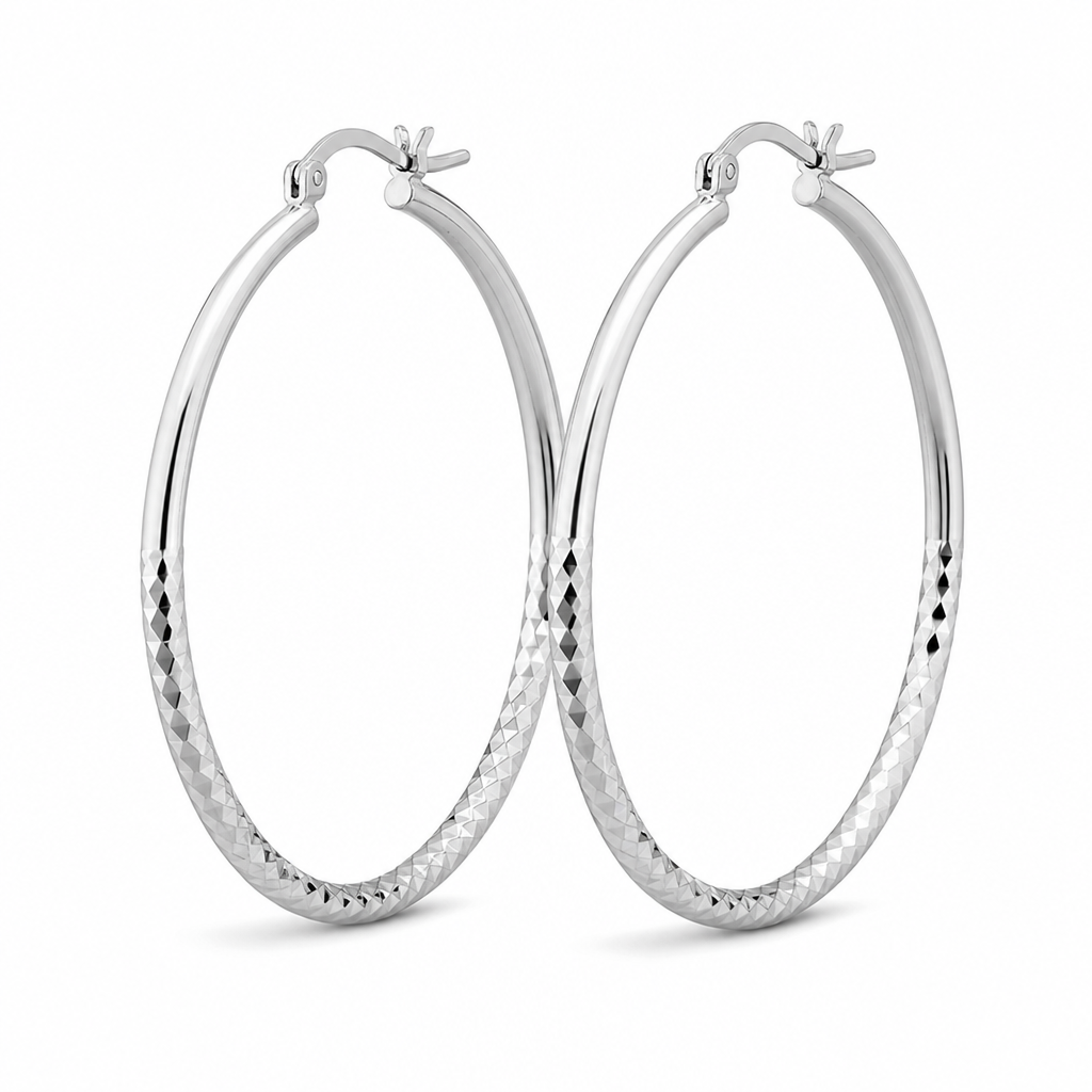 Silver Large Diamond-Cut Hoop Earrings — Alternate angle view