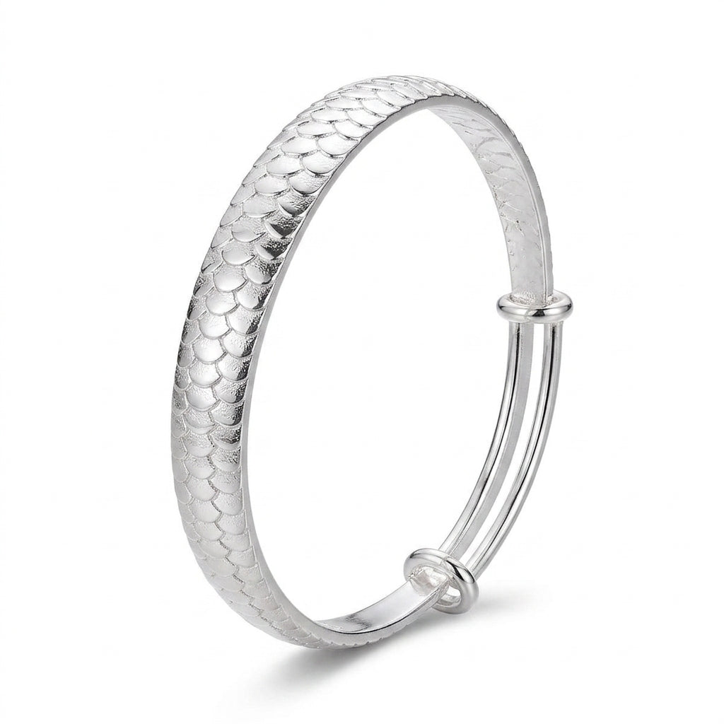 Silver Scale Pattern Adjustable Bangle — Three-quarter angle view