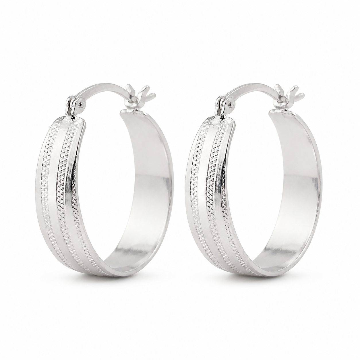 Silver Wide Band Textured Hoop Earrings — Front view