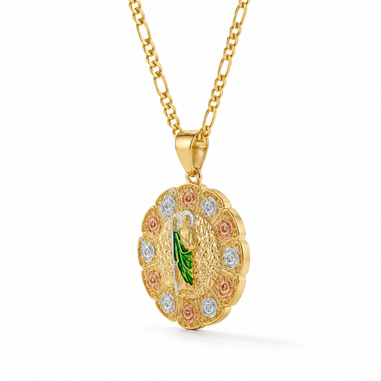 Gold San Judas Tri-Color Rose Medallion Pendant Necklace — Three-quarter angle view