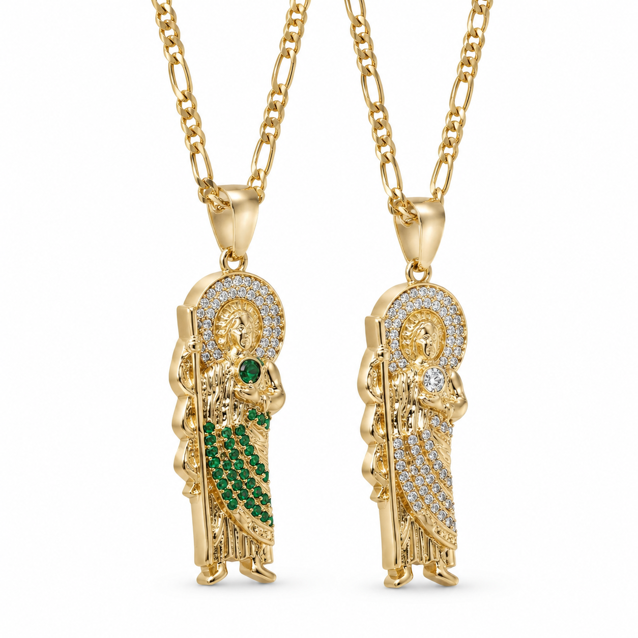Gold San Judas Zirconia Pendant Necklace Duo — Three-quarter angle view