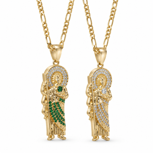 Gold San Judas Zirconia Pendant Necklace Duo — Three-quarter angle view