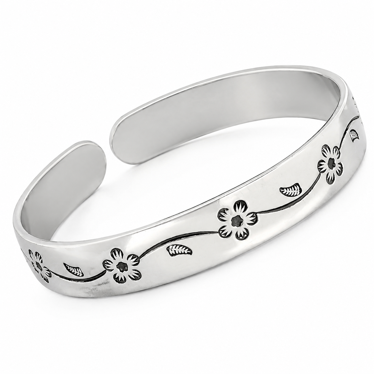 Silver Cherry Blossom Engraved Open Cuff Bangle — Three-quarter angle view