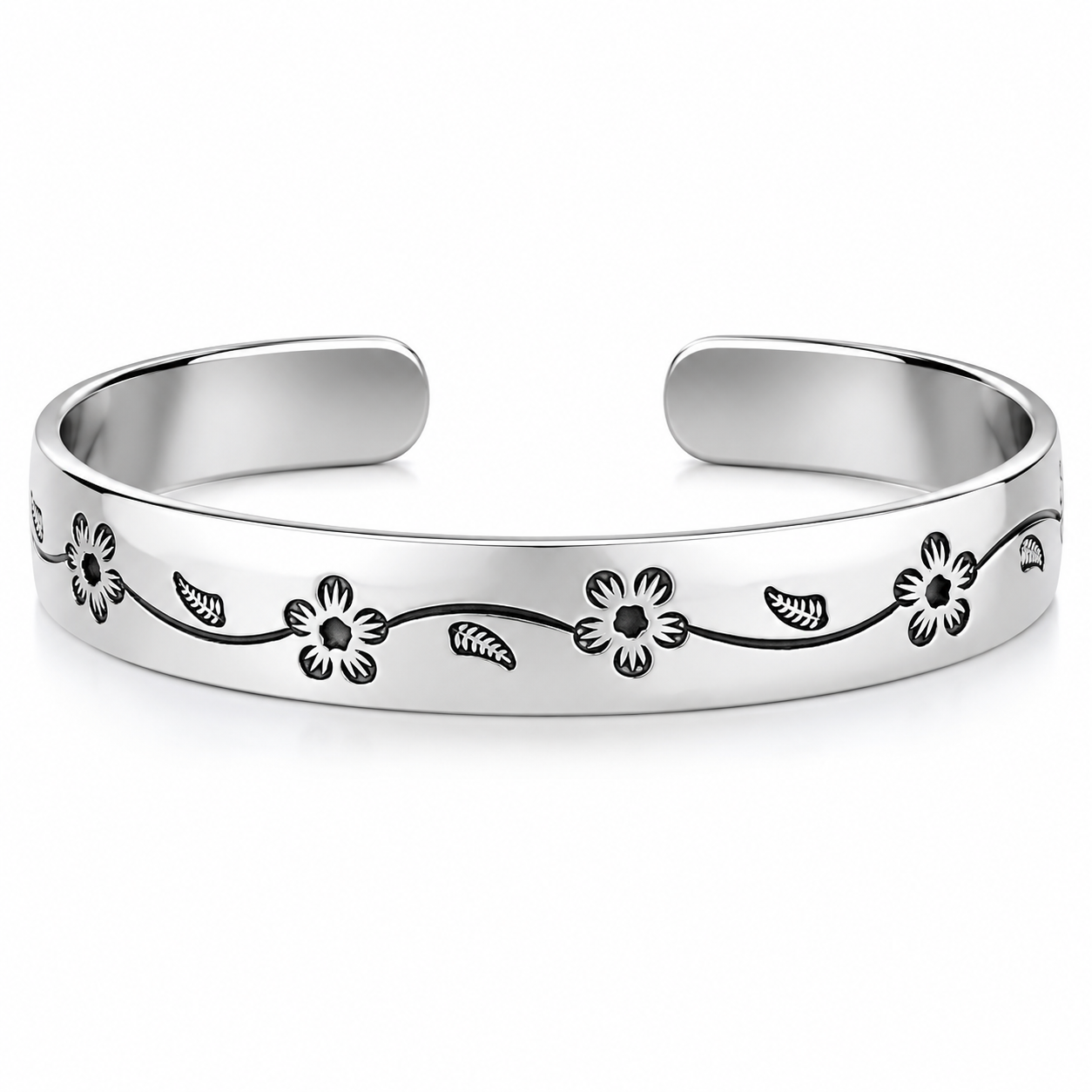Silver Cherry Blossom Engraved Open Cuff Bangle — Front view