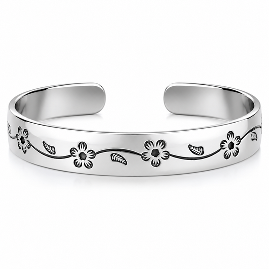 Silver Cherry Blossom Engraved Open Cuff Bangle — Front view