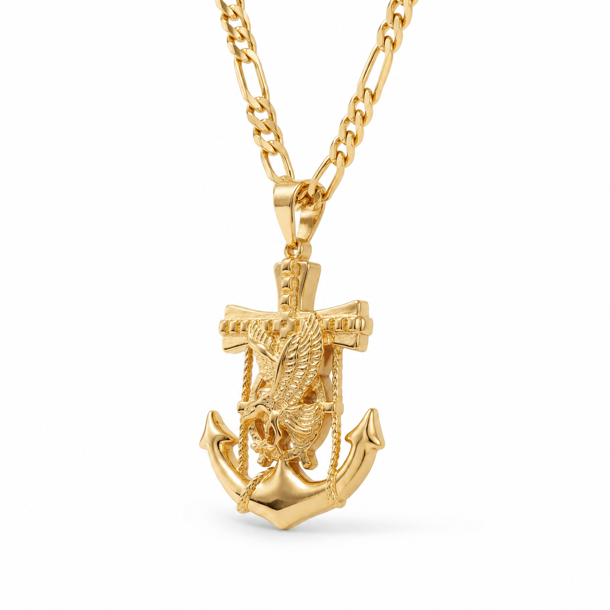 Gold Anchor Cross Eagle Pendant Necklace — Alternate angle view
