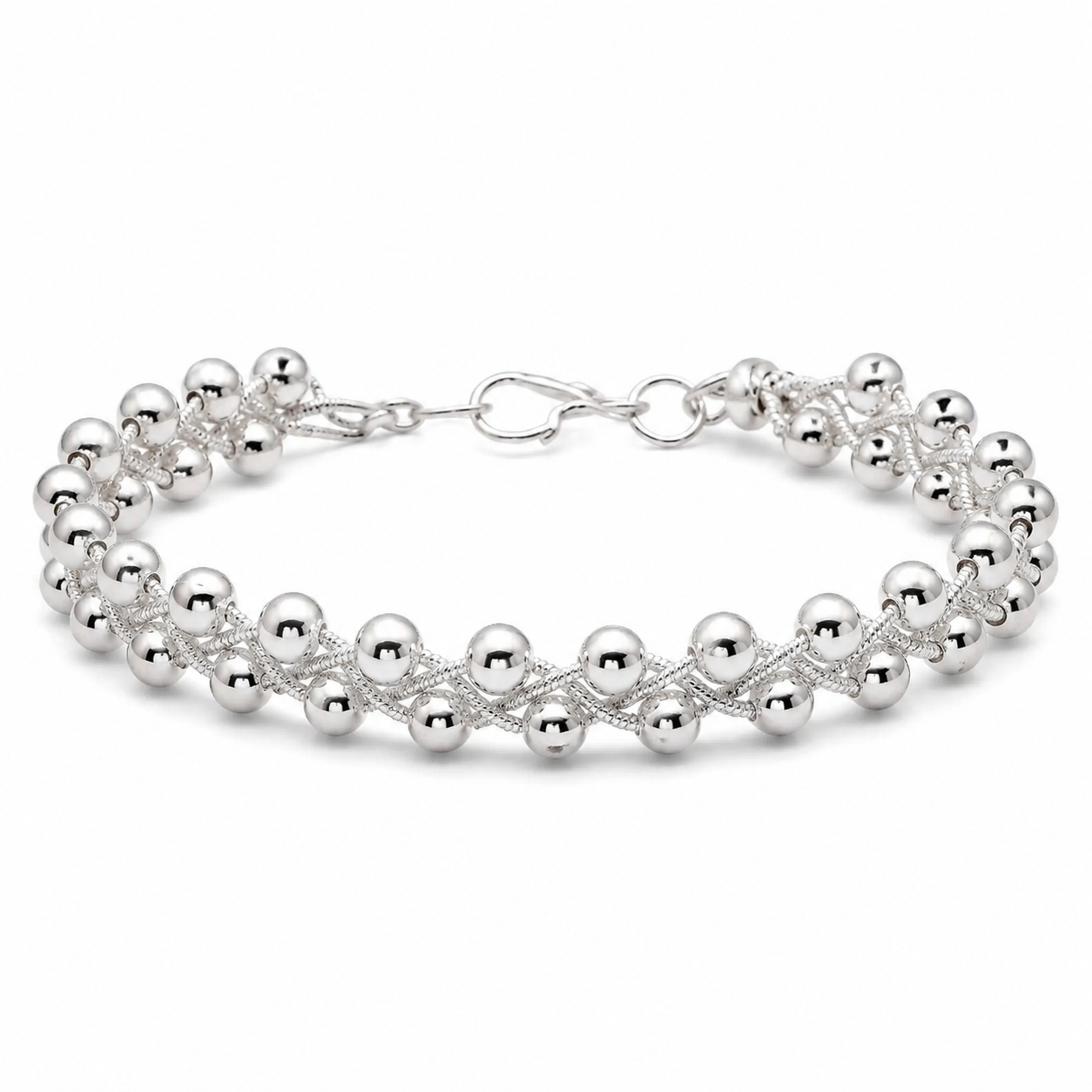 Silver Woven Bead Link Bracelet — Alternate angle view