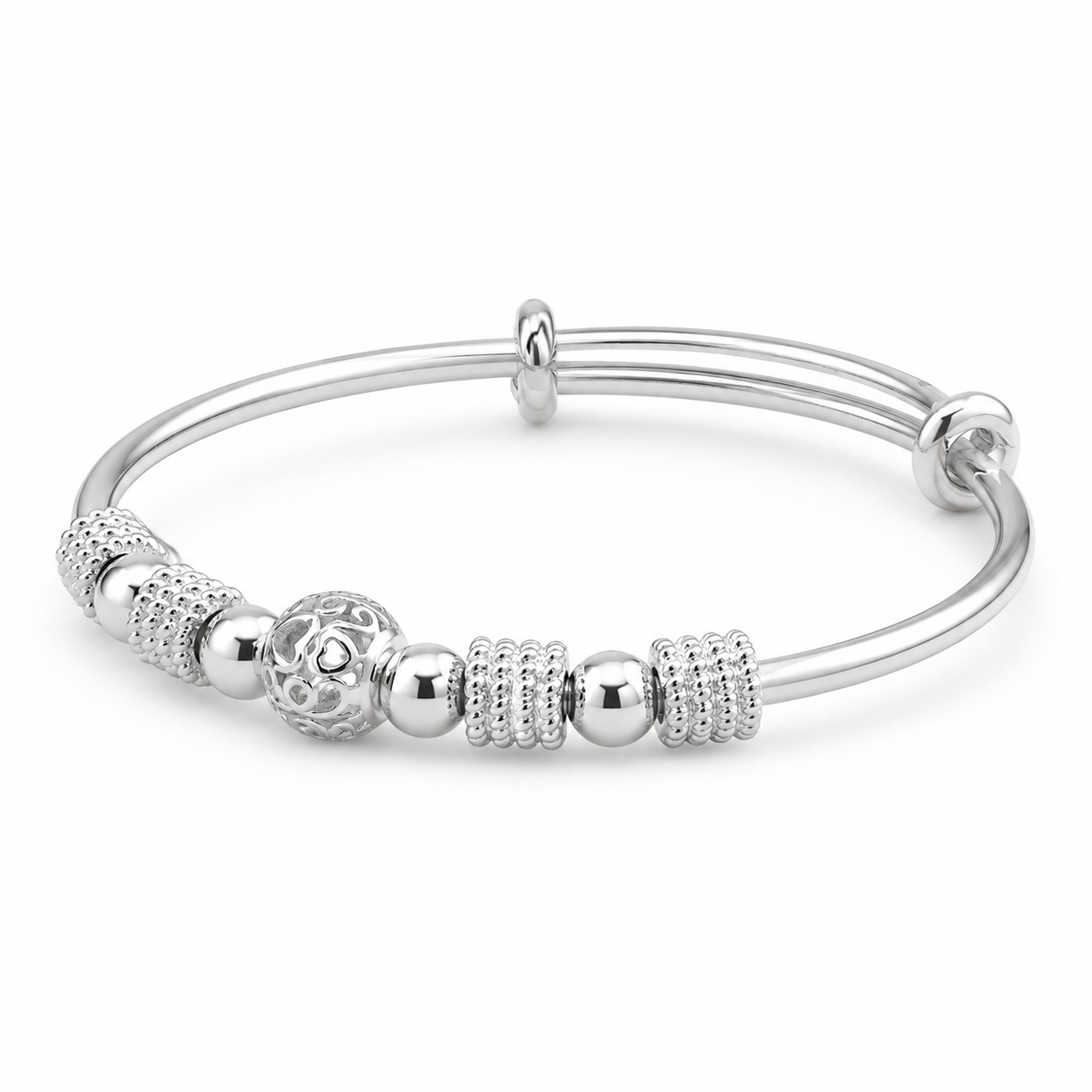 Silver Beaded Charm Adjustable Bangle — Alternate angle view