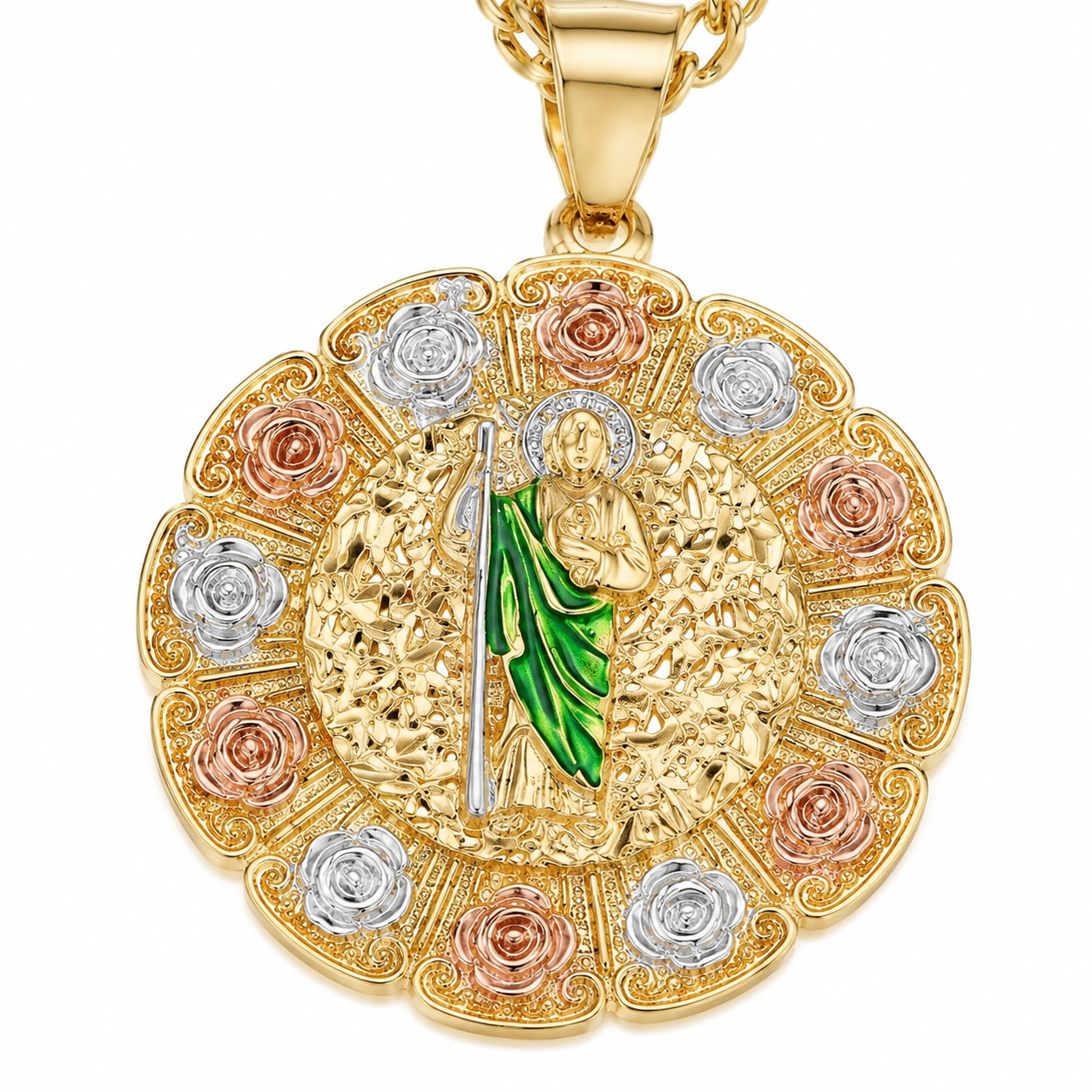 Gold San Judas Tri-Color Rose Medallion Pendant Necklace — Close-up detail