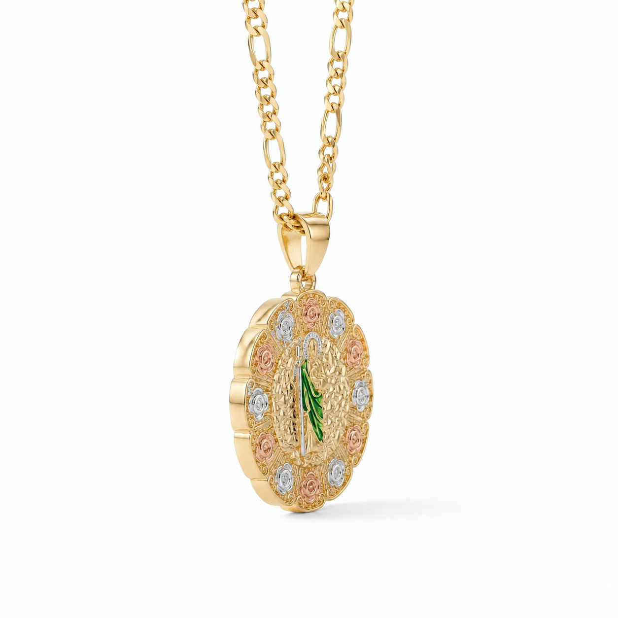 Gold San Judas Tri-Color Rose Medallion Pendant Necklace — Alternate angle view