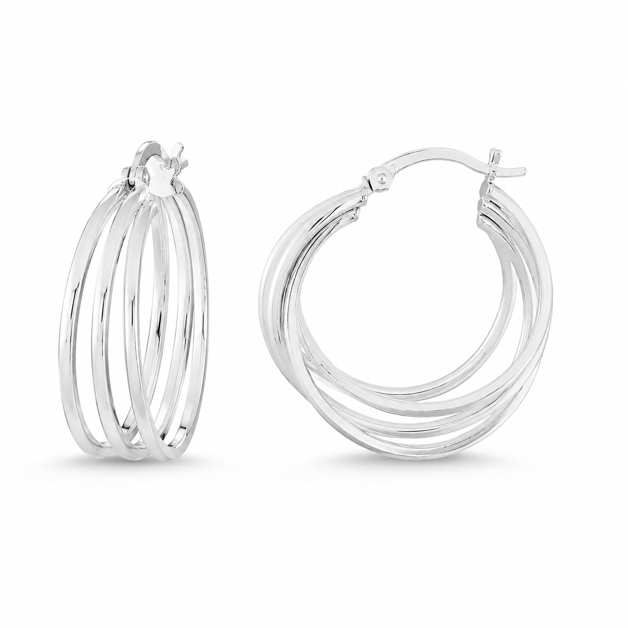 Silver Multi-Row Layered Hoop Earrings — Alternate angle view